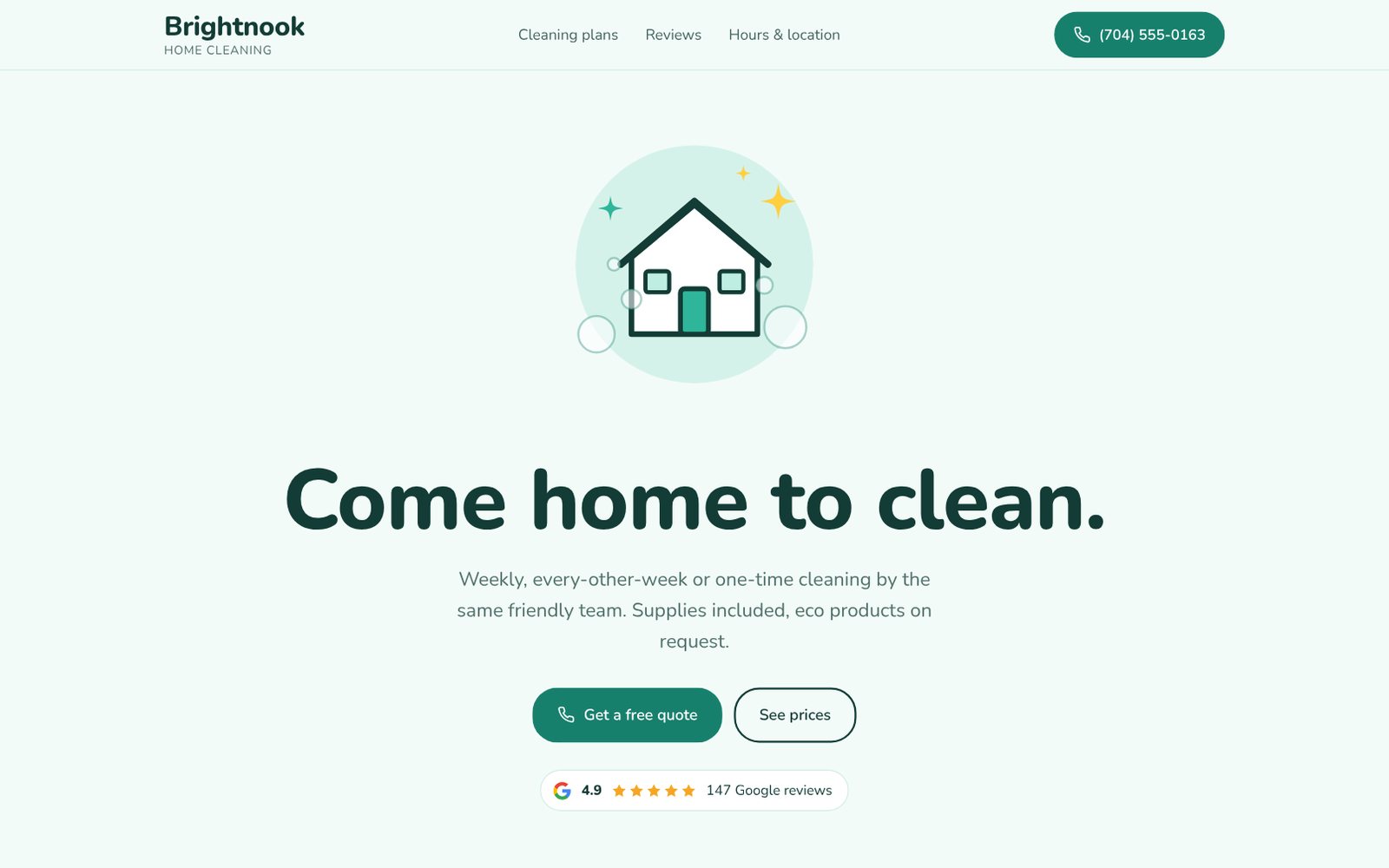 Brightnook Home Cleaning website on desktop