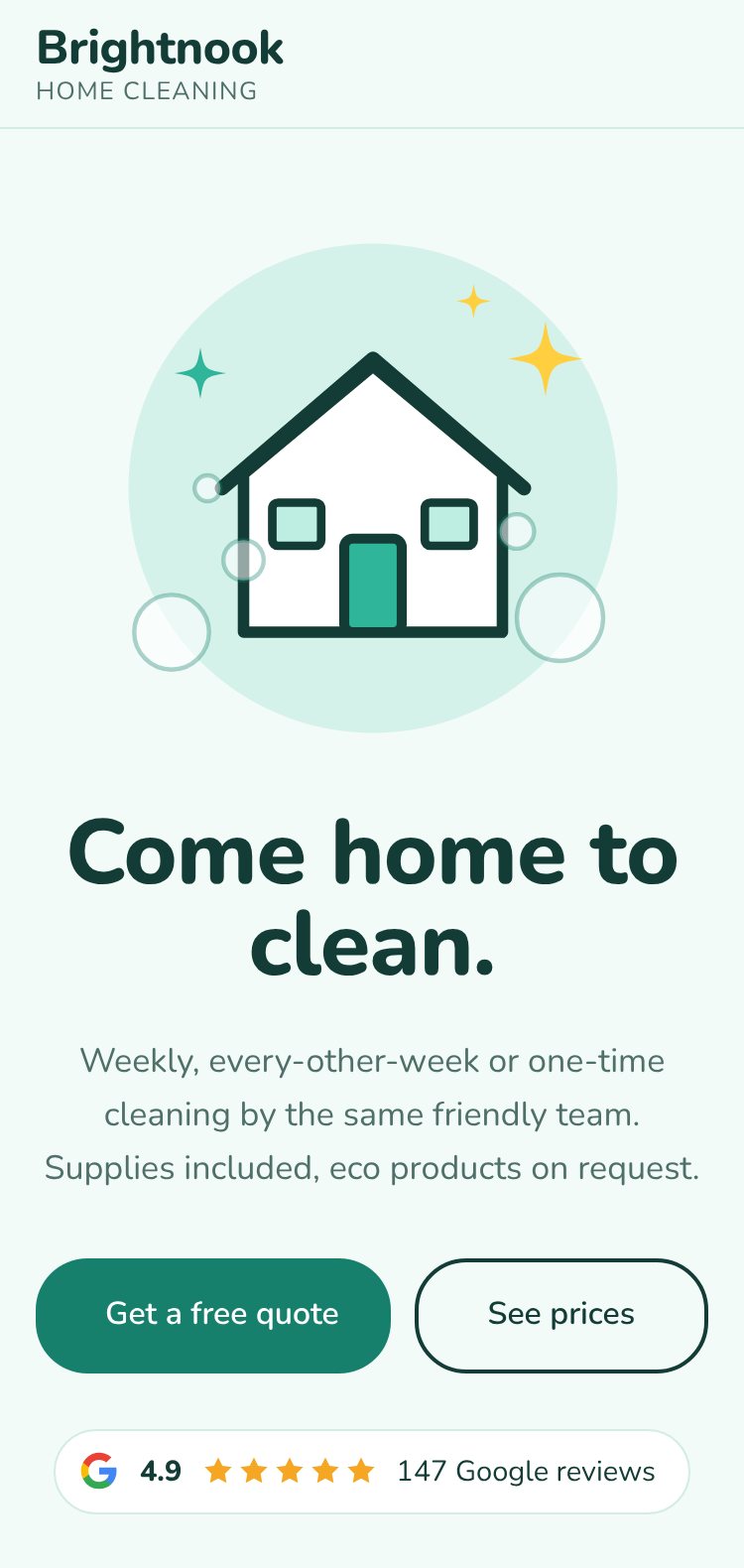 Brightnook Home Cleaning website on a phone